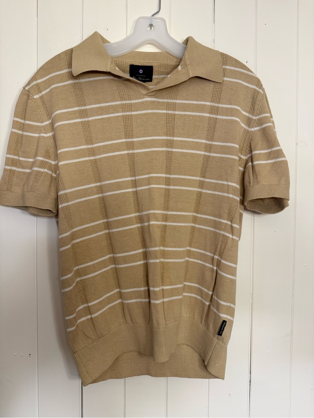 Ben Sherman Beige Short Sleeve Polo with White Stripes